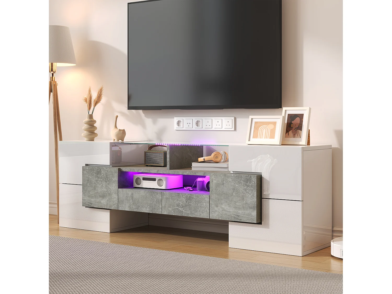 Szafka RTV biała połysk i beton 145x30x51 cm z led, 6 drzwiami, 2 szufladami i 3 wnękami