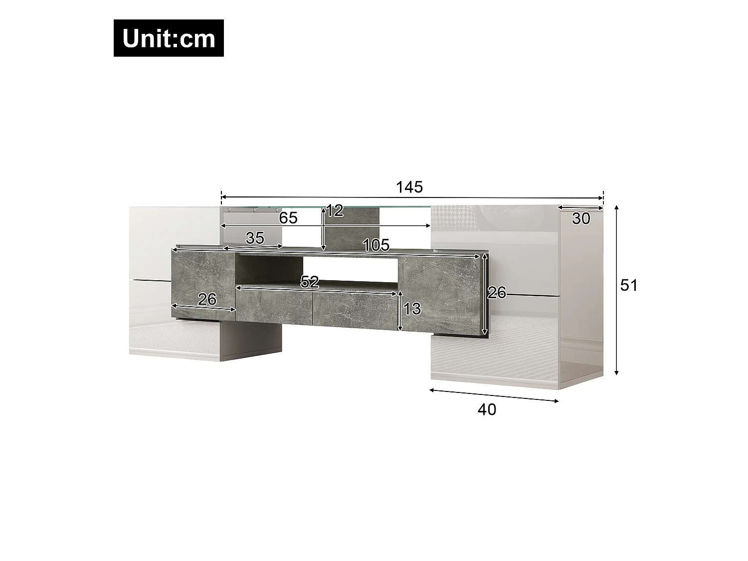 Szafka RTV biała połysk i beton 145x30x51 cm z led, 6 drzwiami, 2 szufladami i 3 wnękami