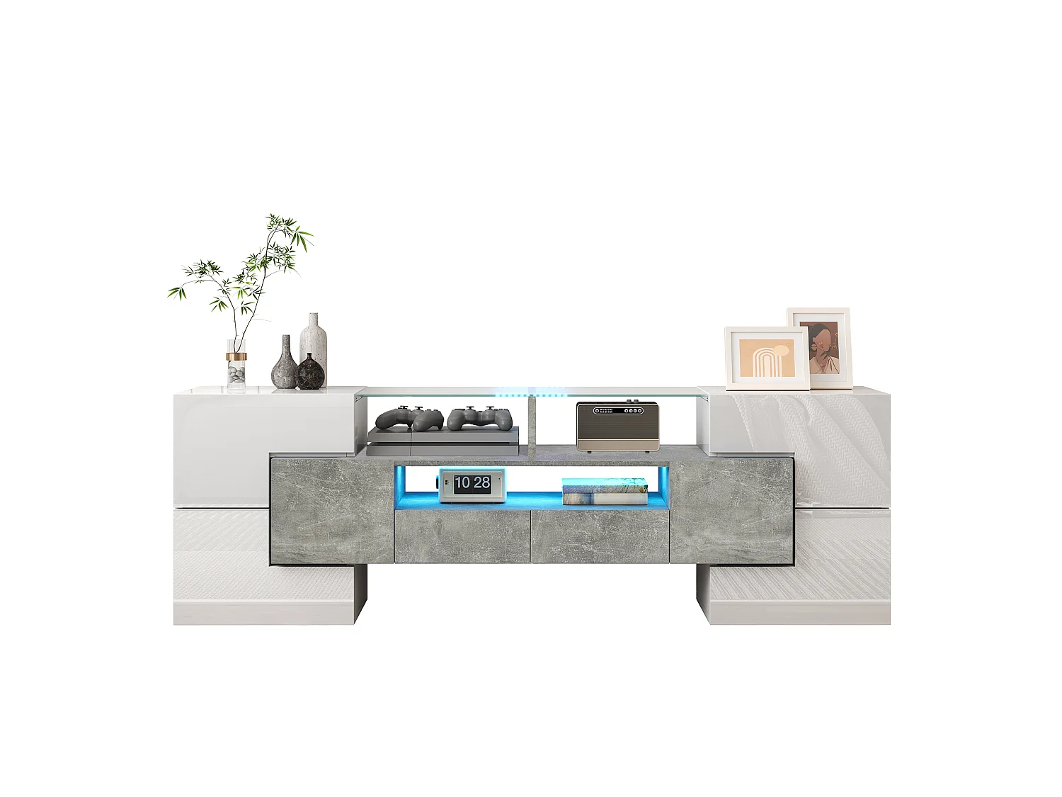 Szafka RTV biała połysk i beton 145x30x51 cm z led, 6 drzwiami, 2 szufladami i 3 wnękami