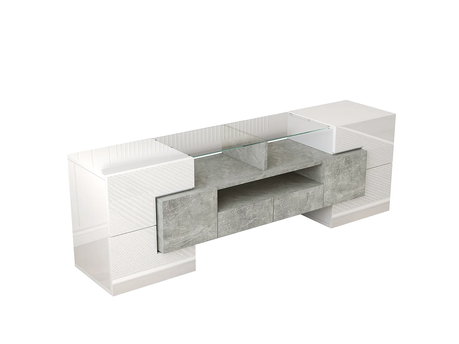 Szafka RTV biała połysk i beton 145x30x51 cm z led, 6 drzwiami, 2 szufladami i 3 wnękami
