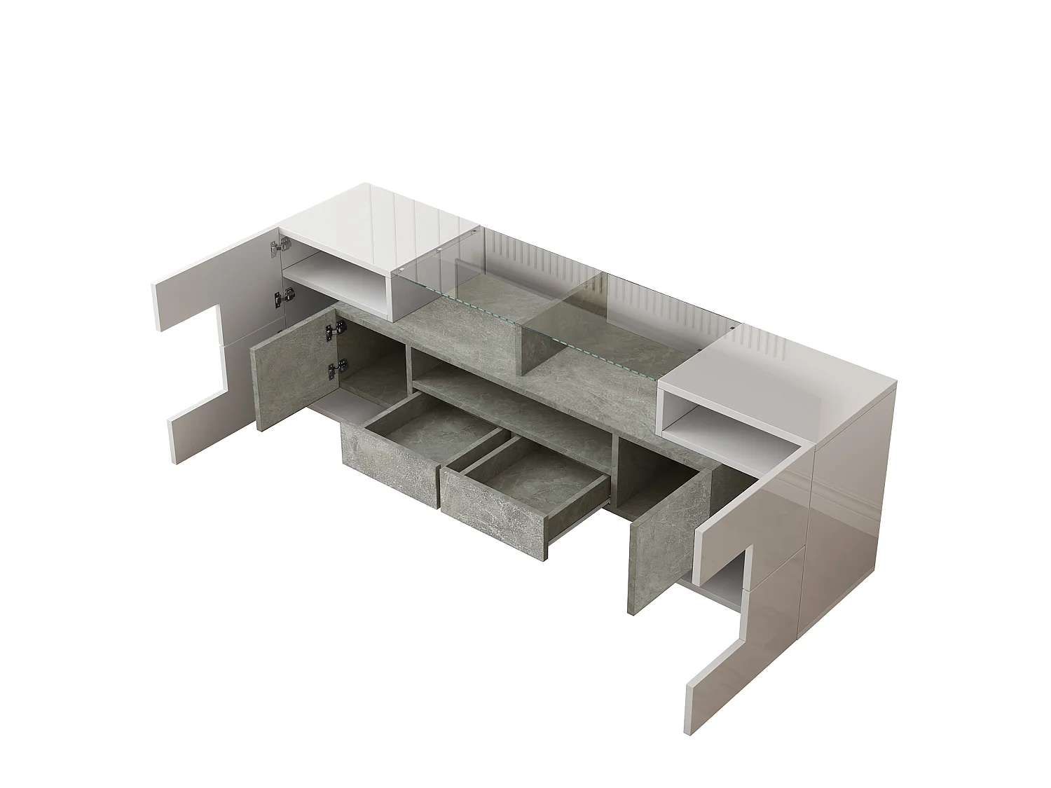 Szafka RTV biała połysk i beton 145x30x51 cm z led, 6 drzwiami, 2 szufladami i 3 wnękami
