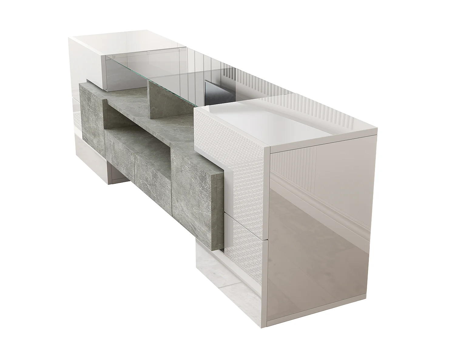 Szafka RTV biała połysk i beton 145x30x51 cm z led, 6 drzwiami, 2 szufladami i 3 wnękami