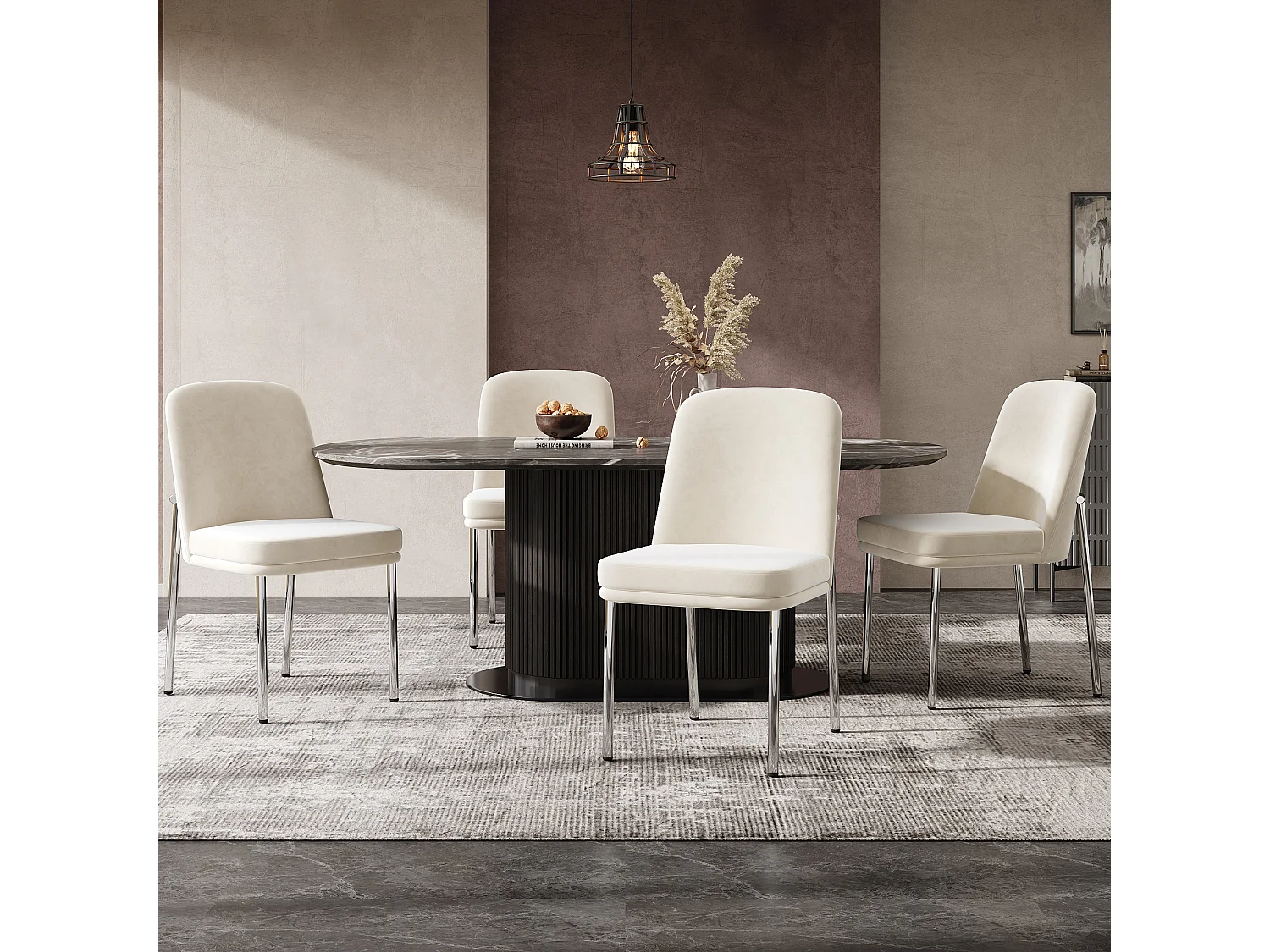 Set di 4 sedie da pranzo imbottite in velluto beige con struttura in metallo cromato argento