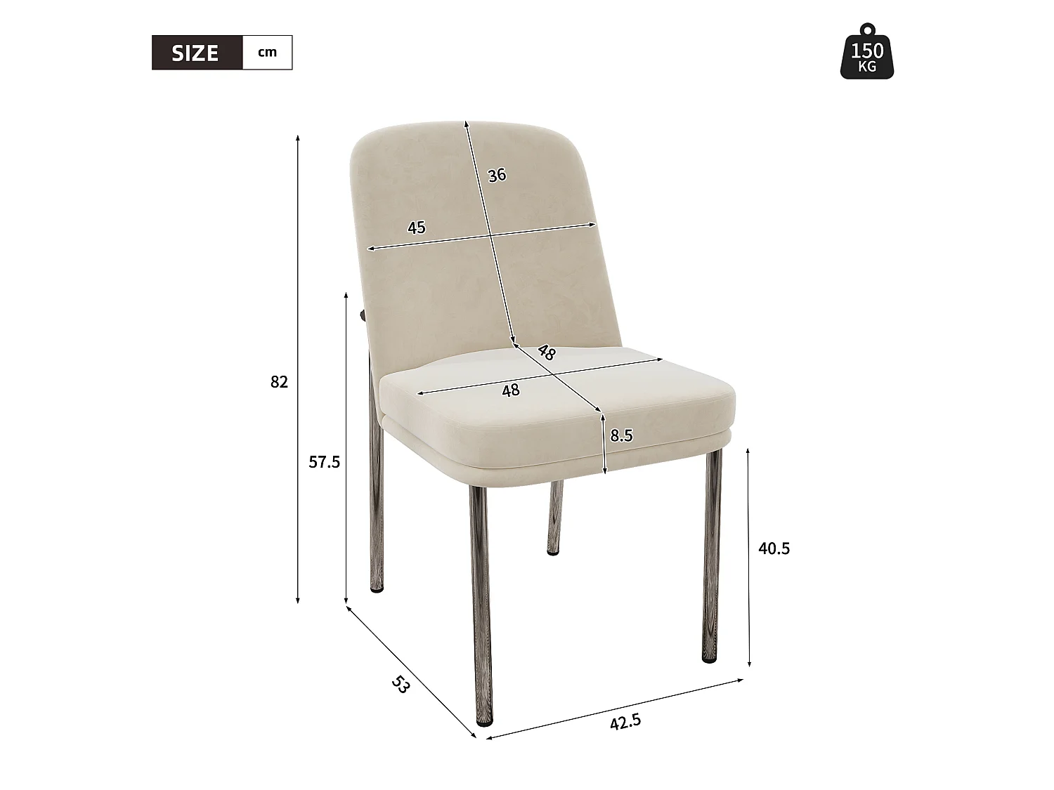 Set di 4 sedie da pranzo imbottite in velluto beige con struttura in metallo cromato argento