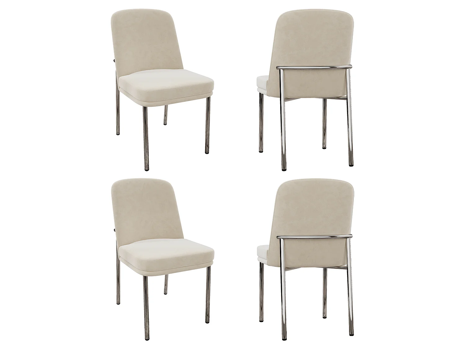 Set di 4 sedie da pranzo imbottite in velluto beige con struttura in metallo cromato argento
