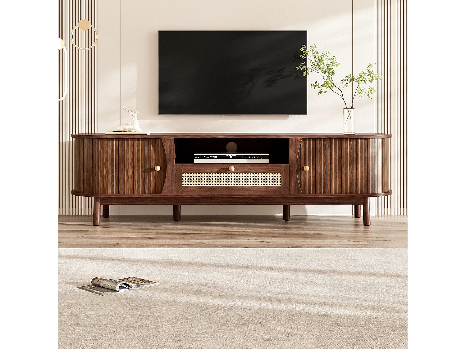 Meuble tv noyer 165x37x46 cm avec porte coulissante, tiroirs en rotin et pieds en bois massif