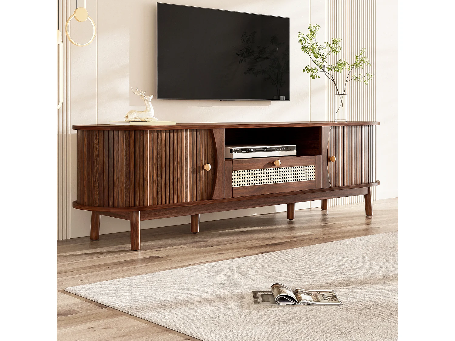 Meuble tv noyer 165x37x46 cm avec porte coulissante, tiroirs en rotin et pieds en bois massif