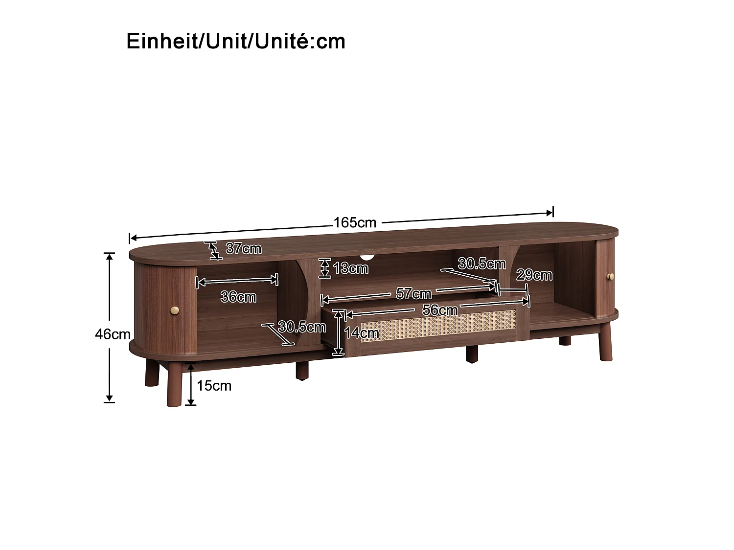 Meuble tv noyer 165x37x46 cm avec porte coulissante, tiroirs en rotin et pieds en bois massif
