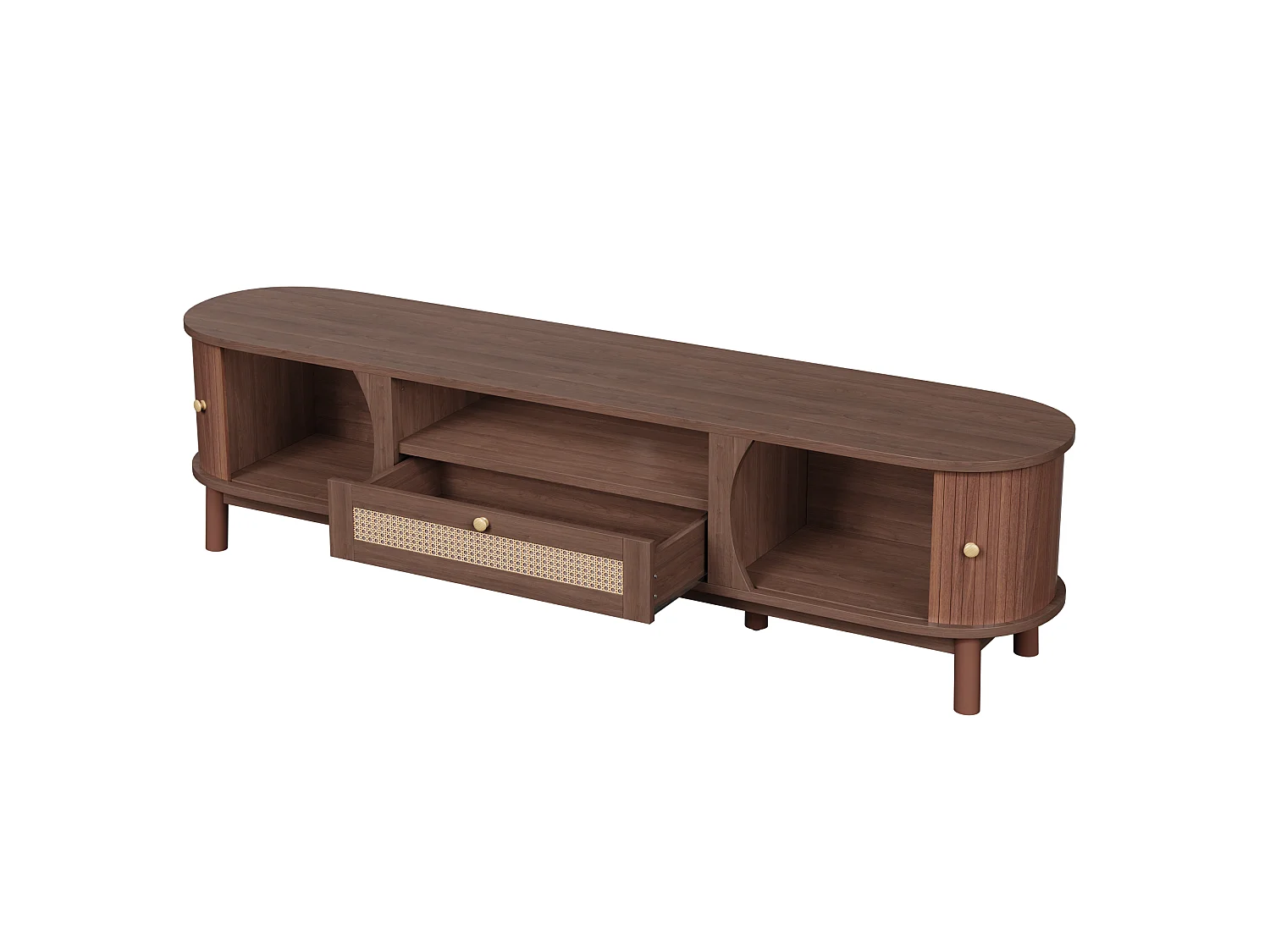 Meuble tv noyer 165x37x46 cm avec porte coulissante, tiroirs en rotin et pieds en bois massif