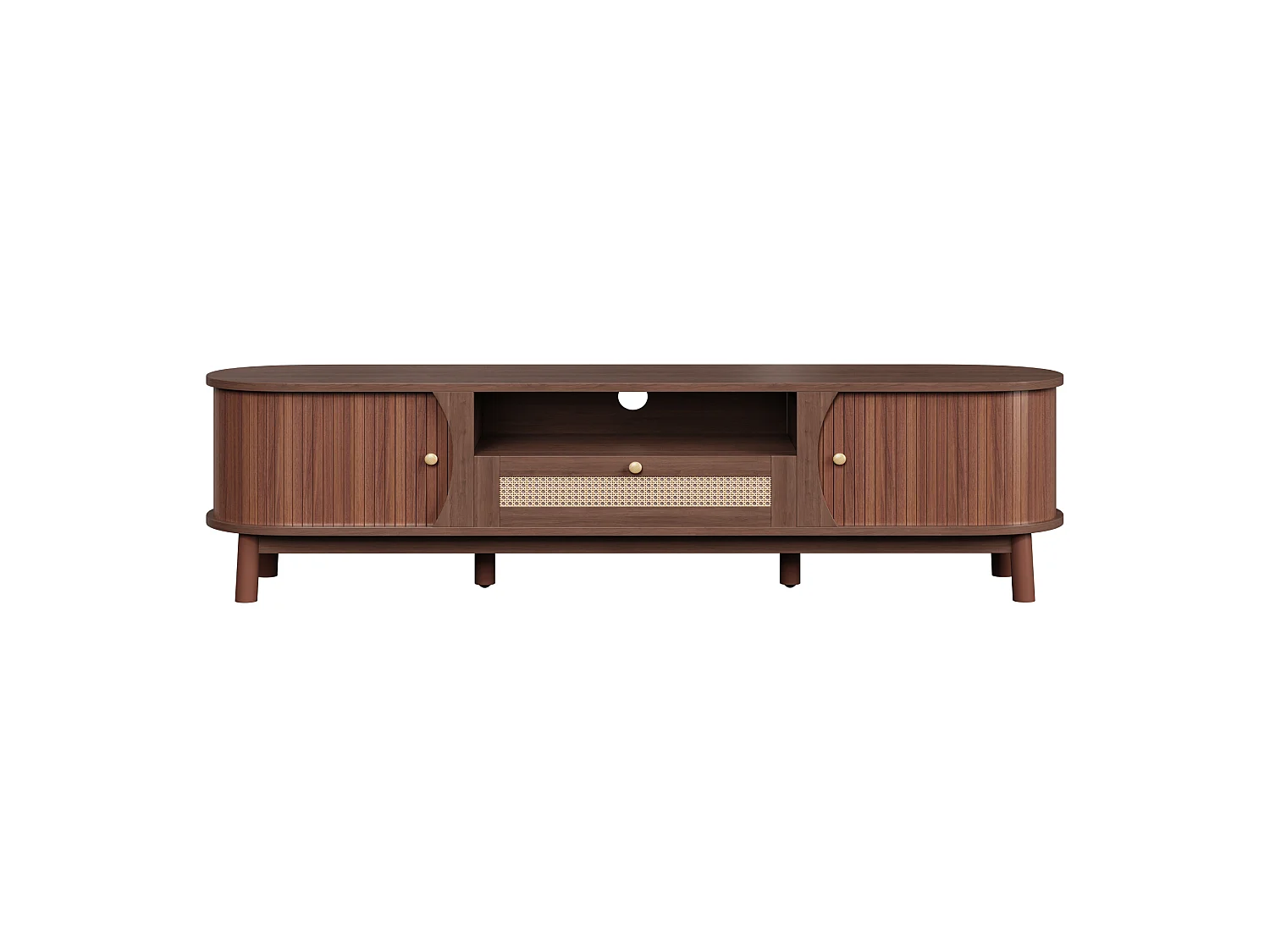 Meuble tv noyer 165x37x46 cm avec porte coulissante, tiroirs en rotin et pieds en bois massif