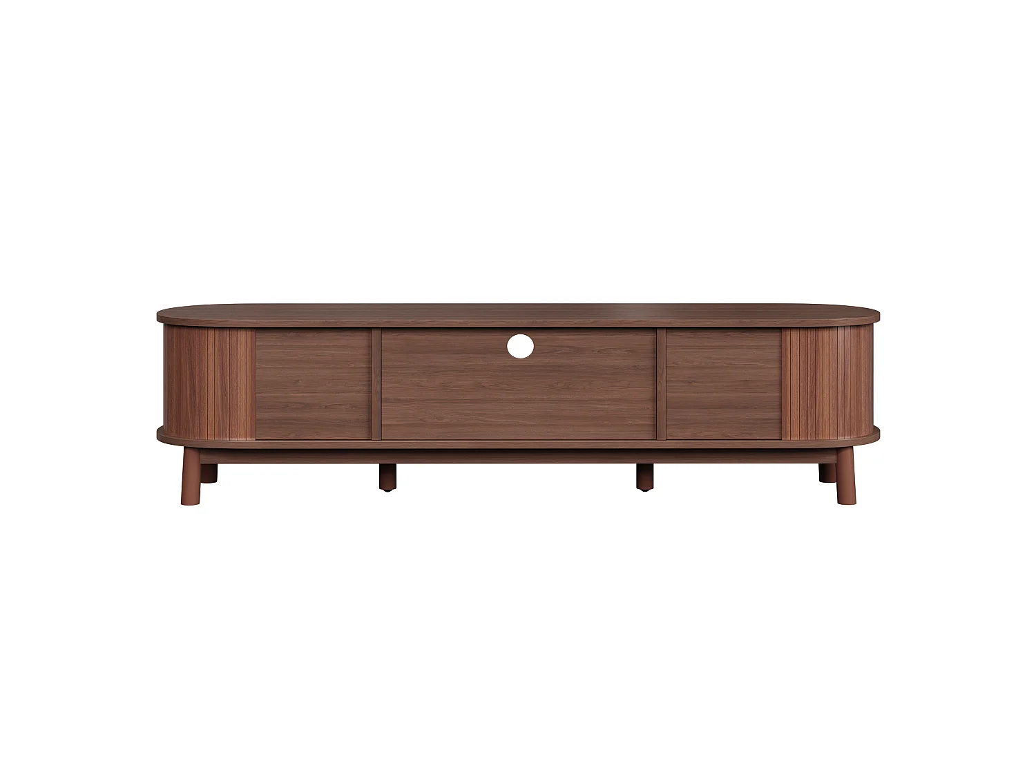 Meuble tv noyer 165x37x46 cm avec porte coulissante, tiroirs en rotin et pieds en bois massif