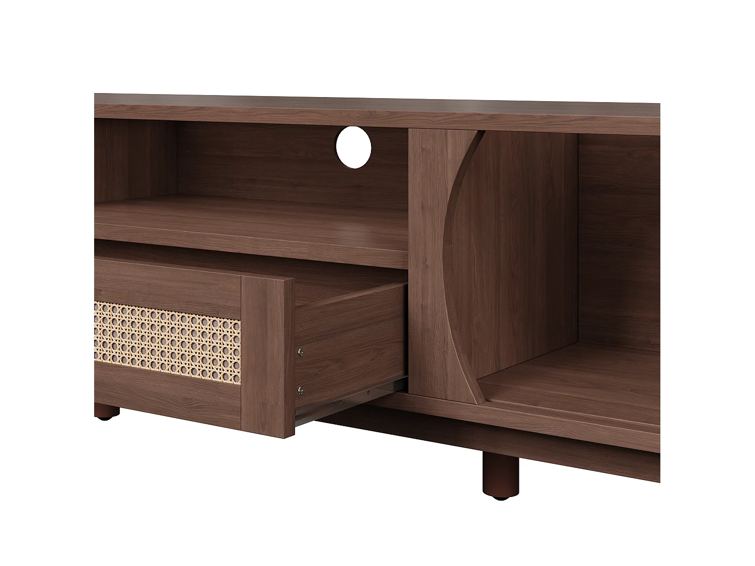 Meuble tv noyer 165x37x46 cm avec porte coulissante, tiroirs en rotin et pieds en bois massif
