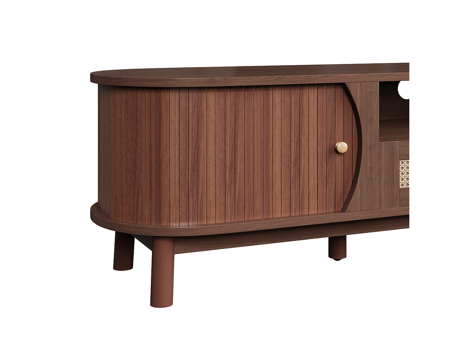 Meuble tv noyer 165x37x46 cm avec porte coulissante, tiroirs en rotin et pieds en bois massif