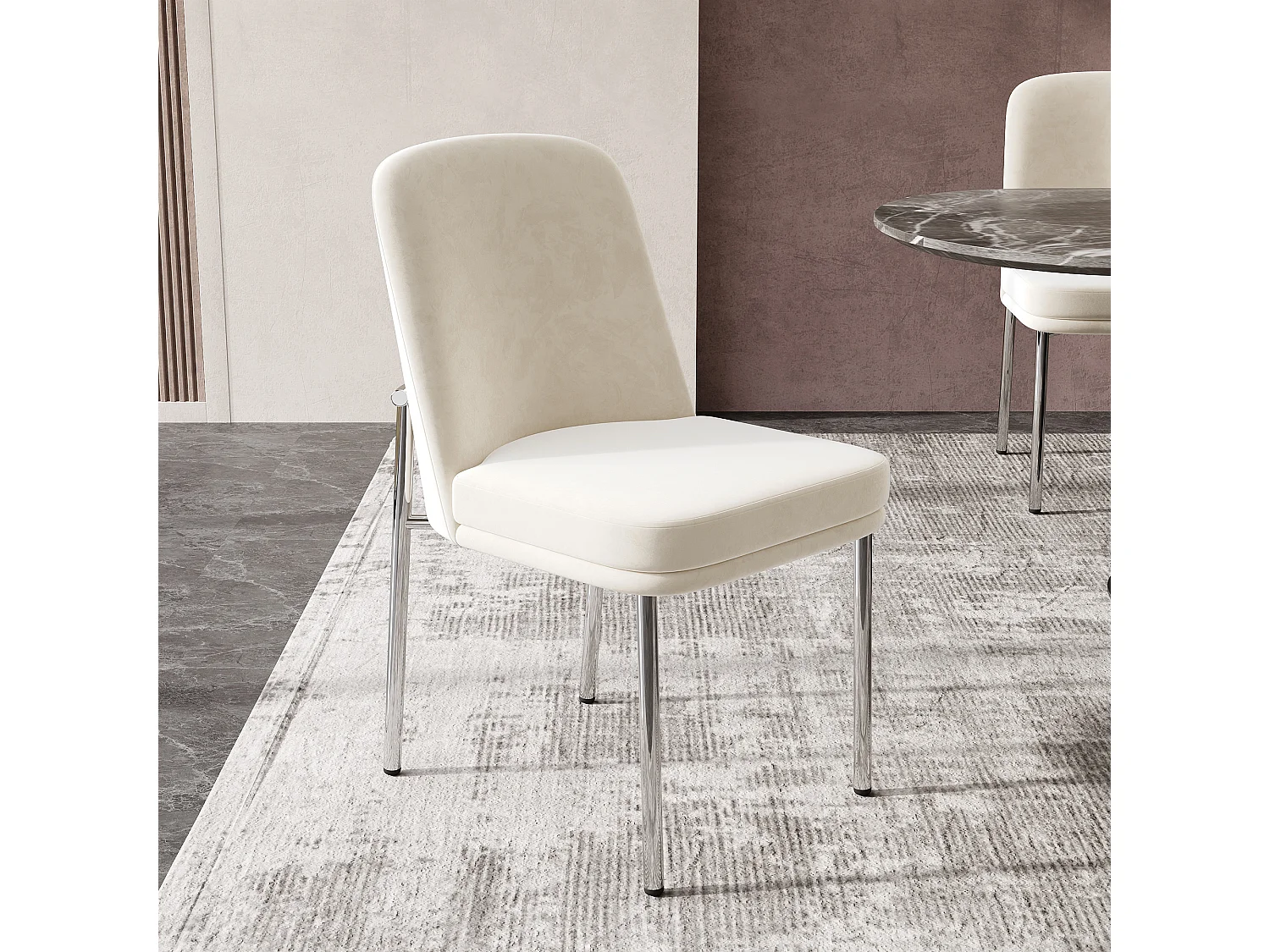 Lot de 2 chaises de salle à manger rembourrées en velours beige avec cadre en métal argenté