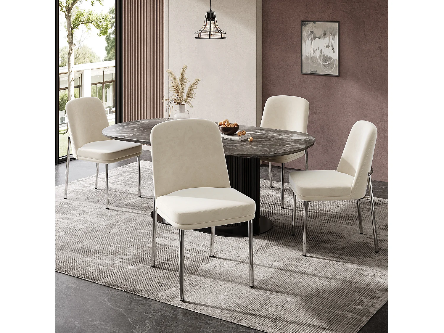 Lot de 2 chaises de salle à manger rembourrées en velours beige avec cadre en métal argenté