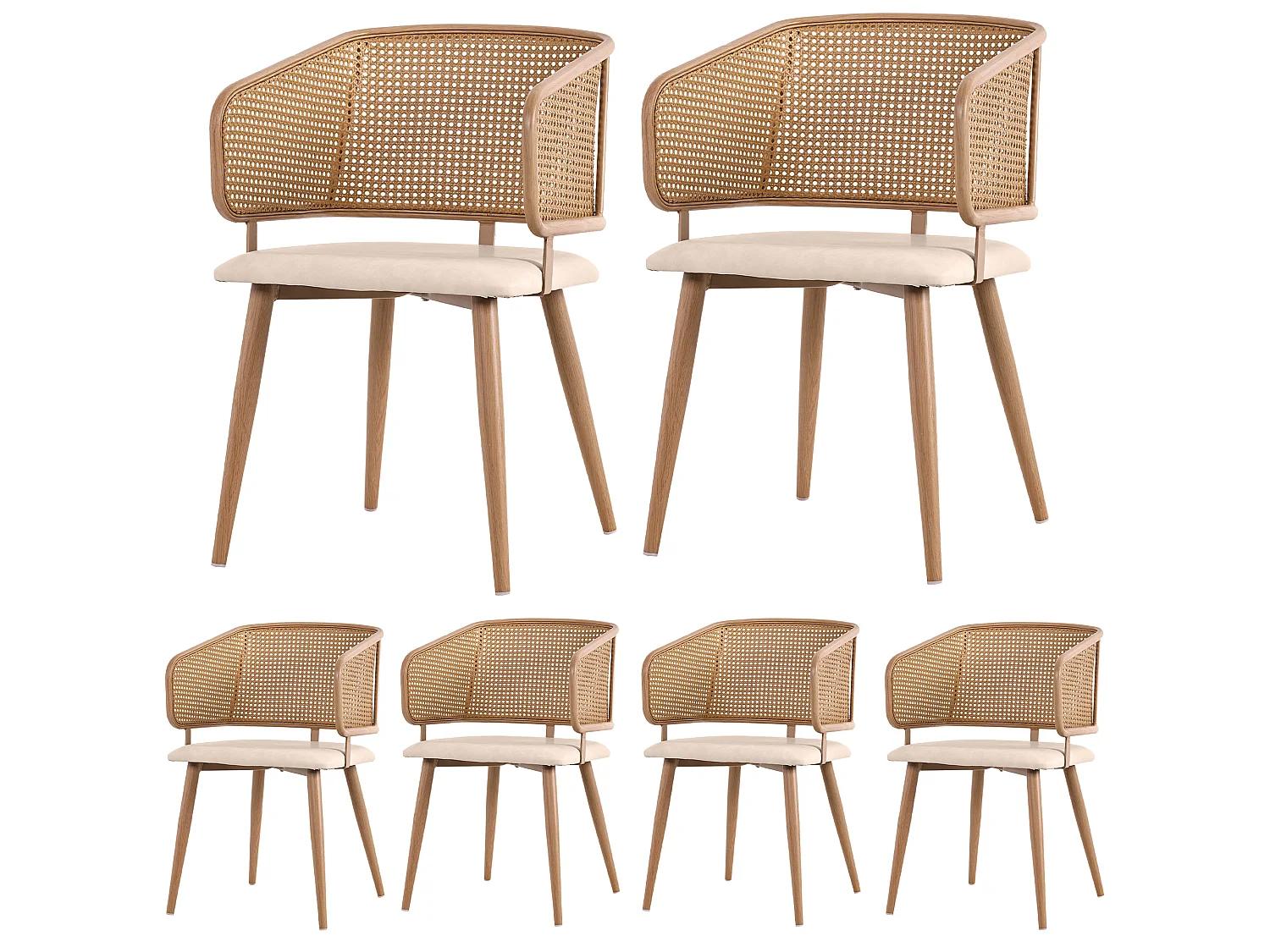 Juego de 6 sillas de comedor en similicuir con respaldo de ratán y patas metálicas efecto madera – natural y beige