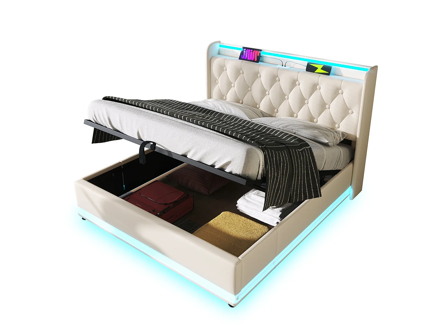 Lit coffre 160x200 cm avec tête de lit avec rangement, éclairage LED, USB, Type-C - PU blanc - matelas inclus