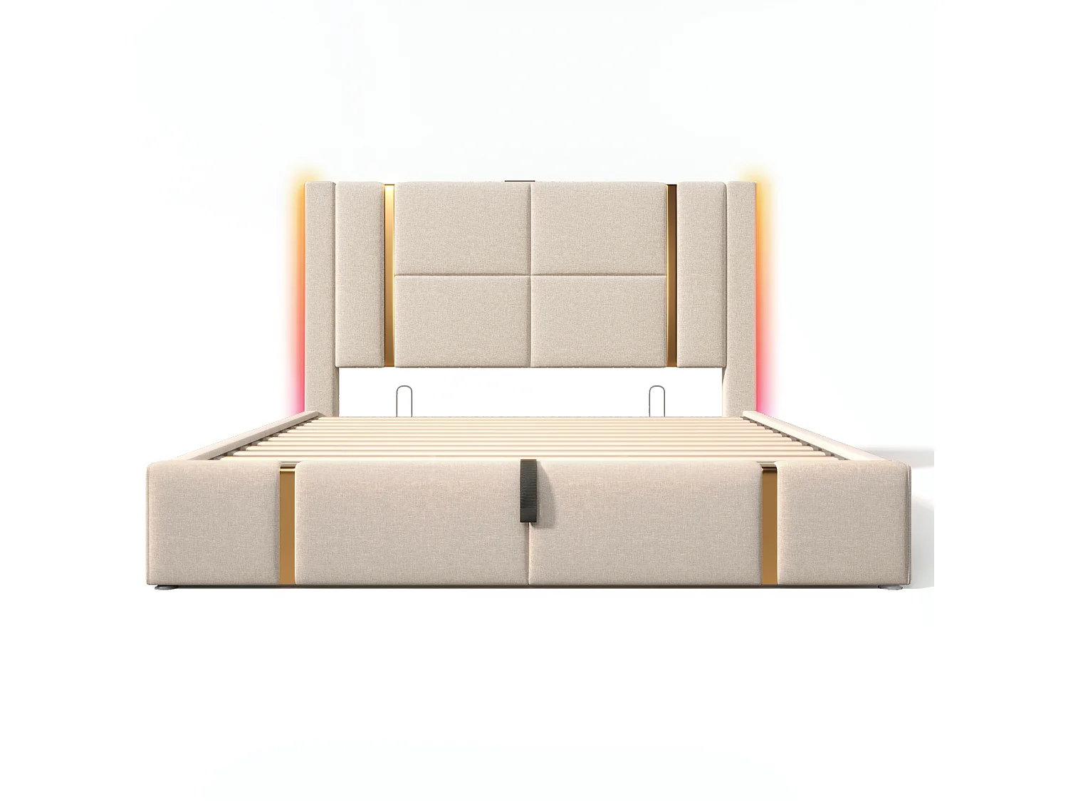 Lit coffre 160x200 cm avec USB, Type‑C et éclairage LED - en lin - beige - matelas inclus