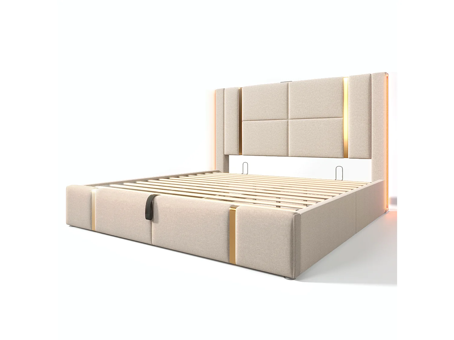 Lit coffre 160x200 cm avec USB, Type‑C et éclairage LED - en lin - beige - matelas inclus