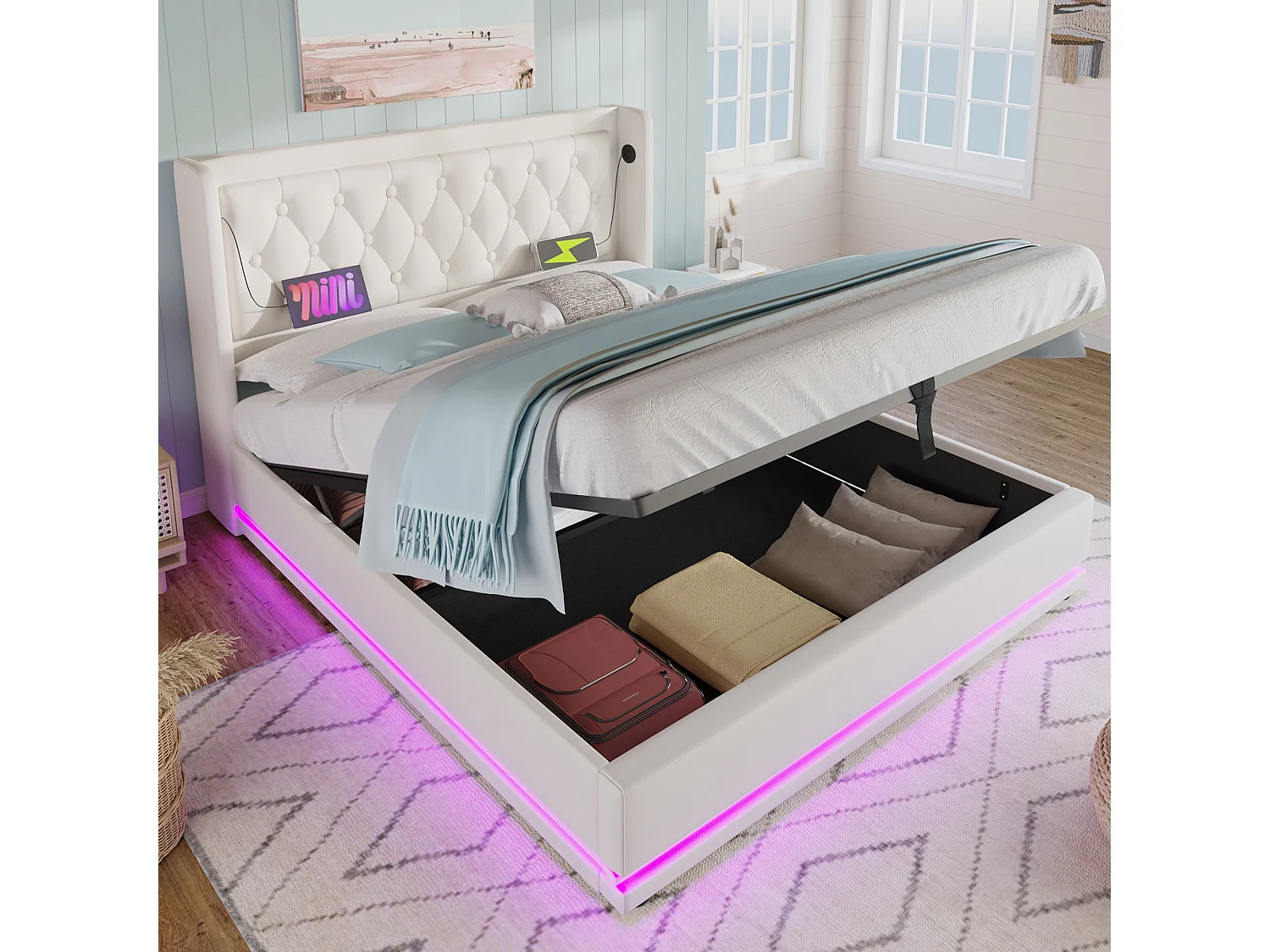 Lit coffre 160x200 cm avec tête de lit, USB / Type-C, éclairage LED - PU blanc - matelas inclus