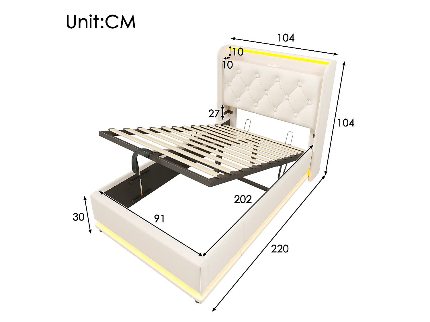 Lit coffre 90x200 cm avec tête de lit avec rangement, USB/Type-C, LED, sommier à lattes - PU blanc - matelas inclus