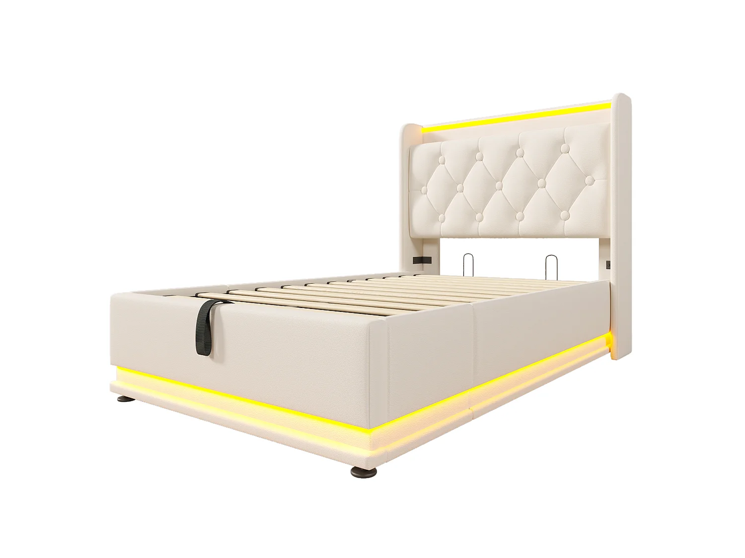 Lit coffre 90x200 cm avec tête de lit avec rangement, USB/Type-C, LED, sommier à lattes - PU blanc - matelas inclus