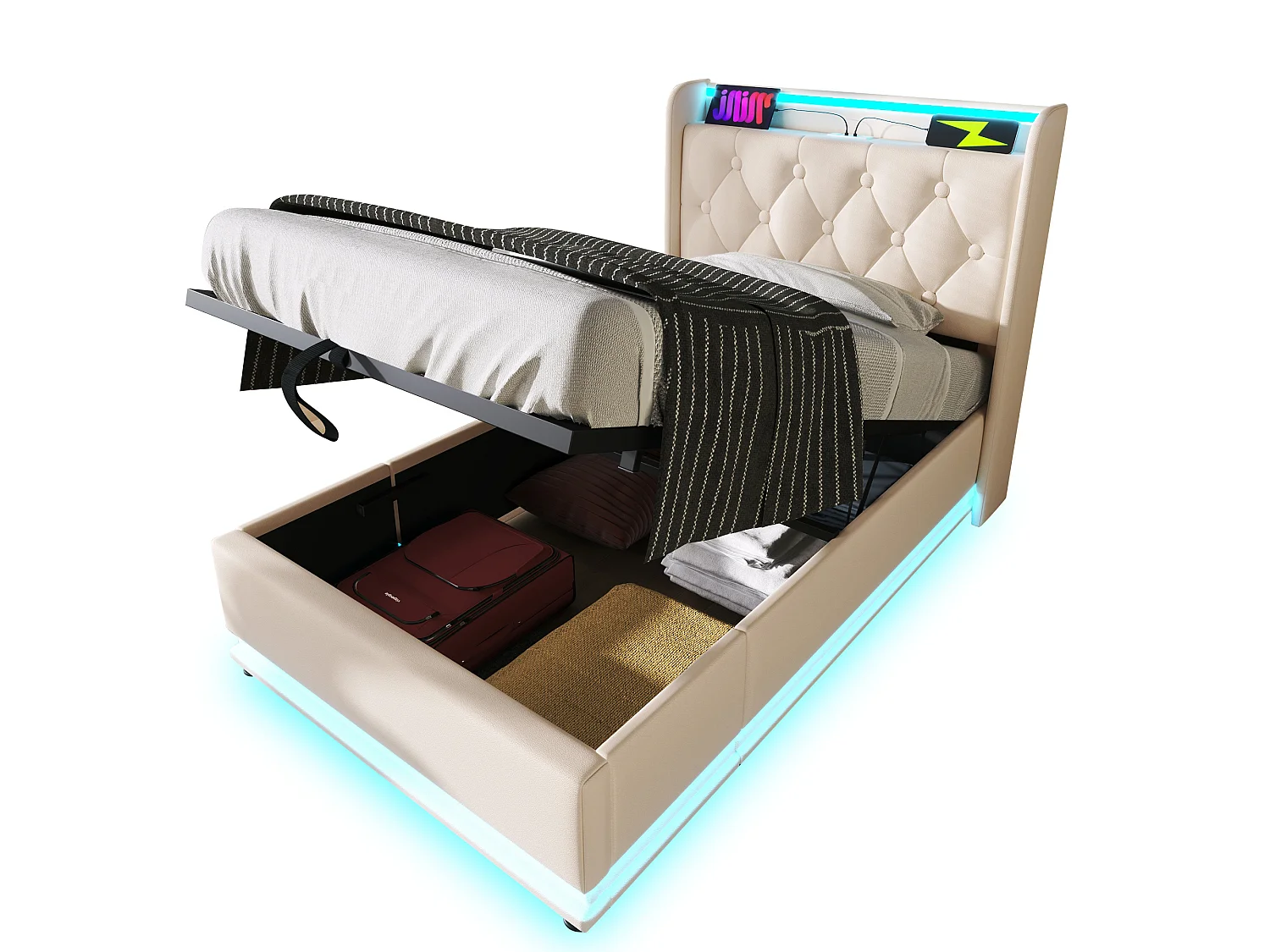 Lit coffre 90x200 cm avec tête de lit avec rangement, USB/Type-C, LED, sommier à lattes - PU blanc - matelas inclus