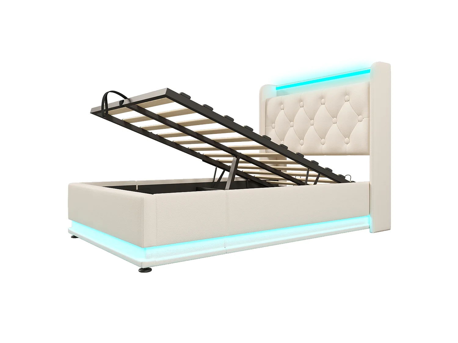 Lit coffre 90x200 cm avec tête de lit avec rangement, USB/Type-C, LED, sommier à lattes - PU blanc - matelas inclus