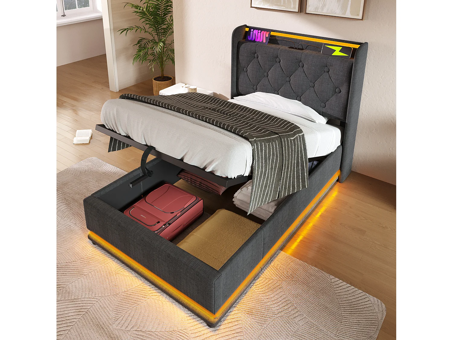 Lit coffre 90x200 cm avec tête de lit avec rangement, éclairage LED, USB / Type-C, sommier à lattes - lin gris - matelas inclus
