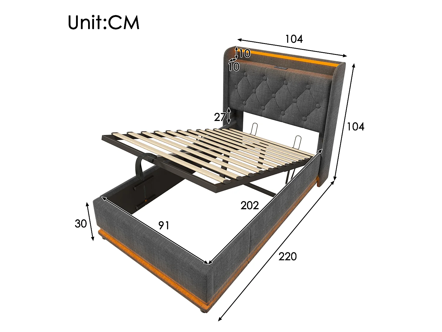 Lit coffre 90x200 cm avec tête de lit avec rangement, éclairage LED, USB / Type-C, sommier à lattes - lin gris - matelas inclus