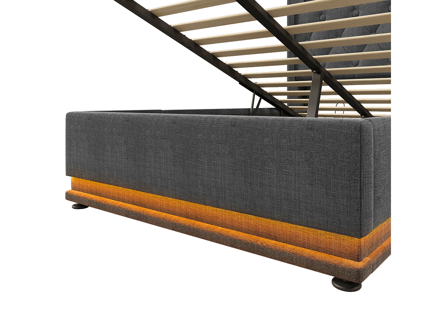Lit coffre 90x200 cm avec tête de lit avec rangement, éclairage LED, USB / Type-C, sommier à lattes - lin gris - matelas inclus