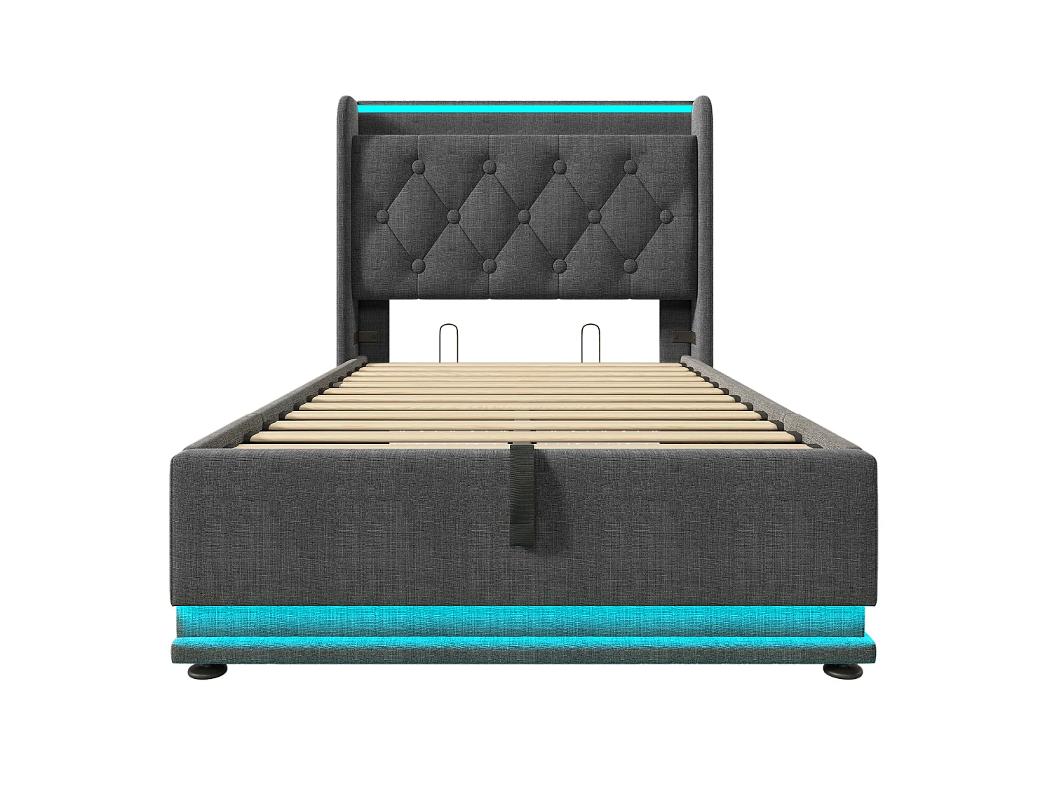 Lit coffre 90x200 cm avec tête de lit avec rangement, éclairage LED, USB / Type-C, sommier à lattes - lin gris - matelas inclus