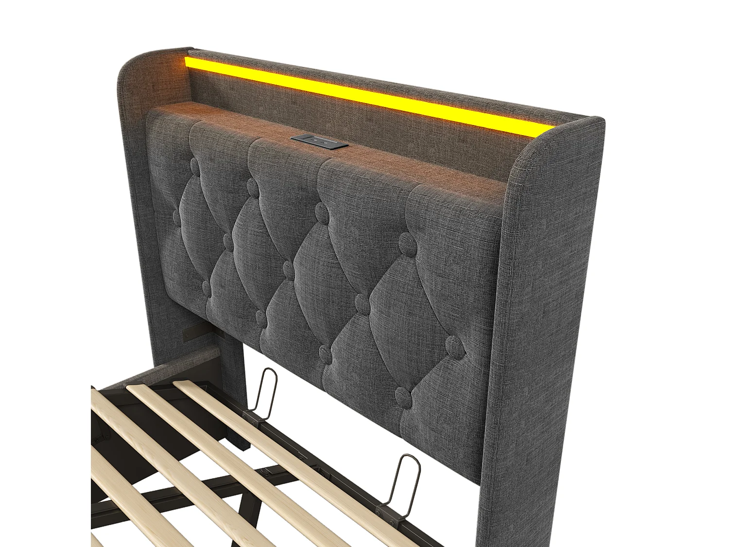 Lit coffre 90x200 cm avec tête de lit avec rangement, éclairage LED, USB / Type-C, sommier à lattes - lin gris - matelas inclus