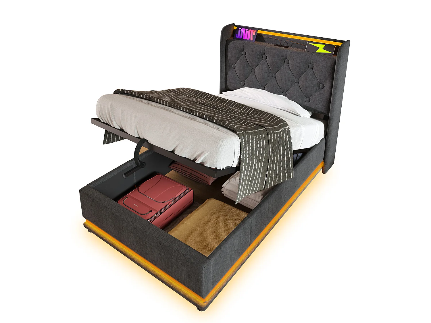 Lit coffre 90x200 cm avec tête de lit avec rangement, éclairage LED, USB / Type-C, sommier à lattes - lin gris - matelas inclus