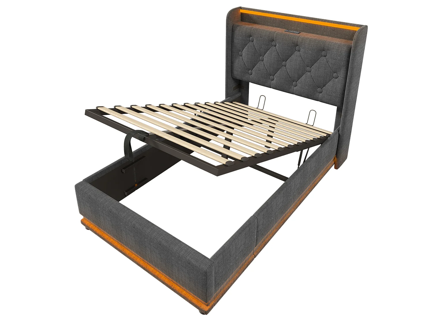 Lit coffre 90x200 cm avec tête de lit avec rangement, éclairage LED, USB / Type-C, sommier à lattes - lin gris - matelas inclus