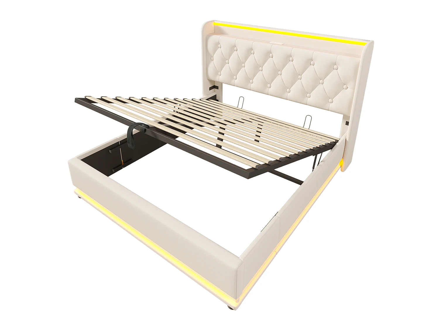 Lit coffre 140x200 cm avec tête de lit avec rangement, USB / Type-C, éclairage LED, sommier à lattes - PU blanc - matelas inclus
