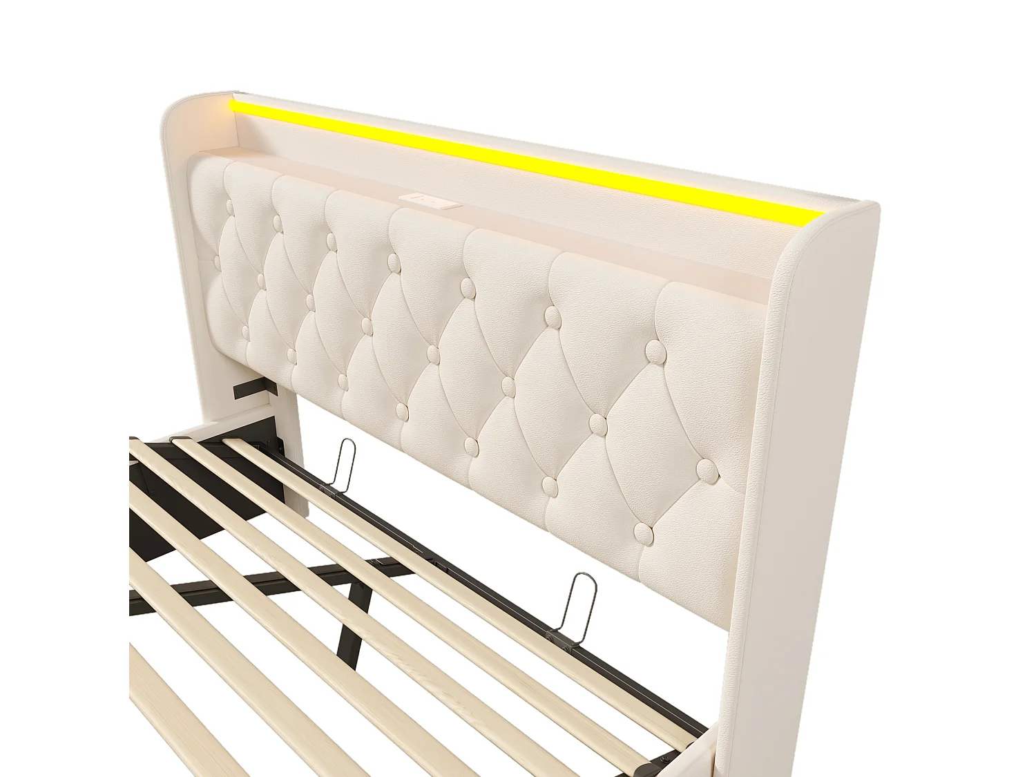 Lit coffre 140x200 cm avec tête de lit avec rangement, USB / Type-C, éclairage LED, sommier à lattes - PU blanc - matelas inclus