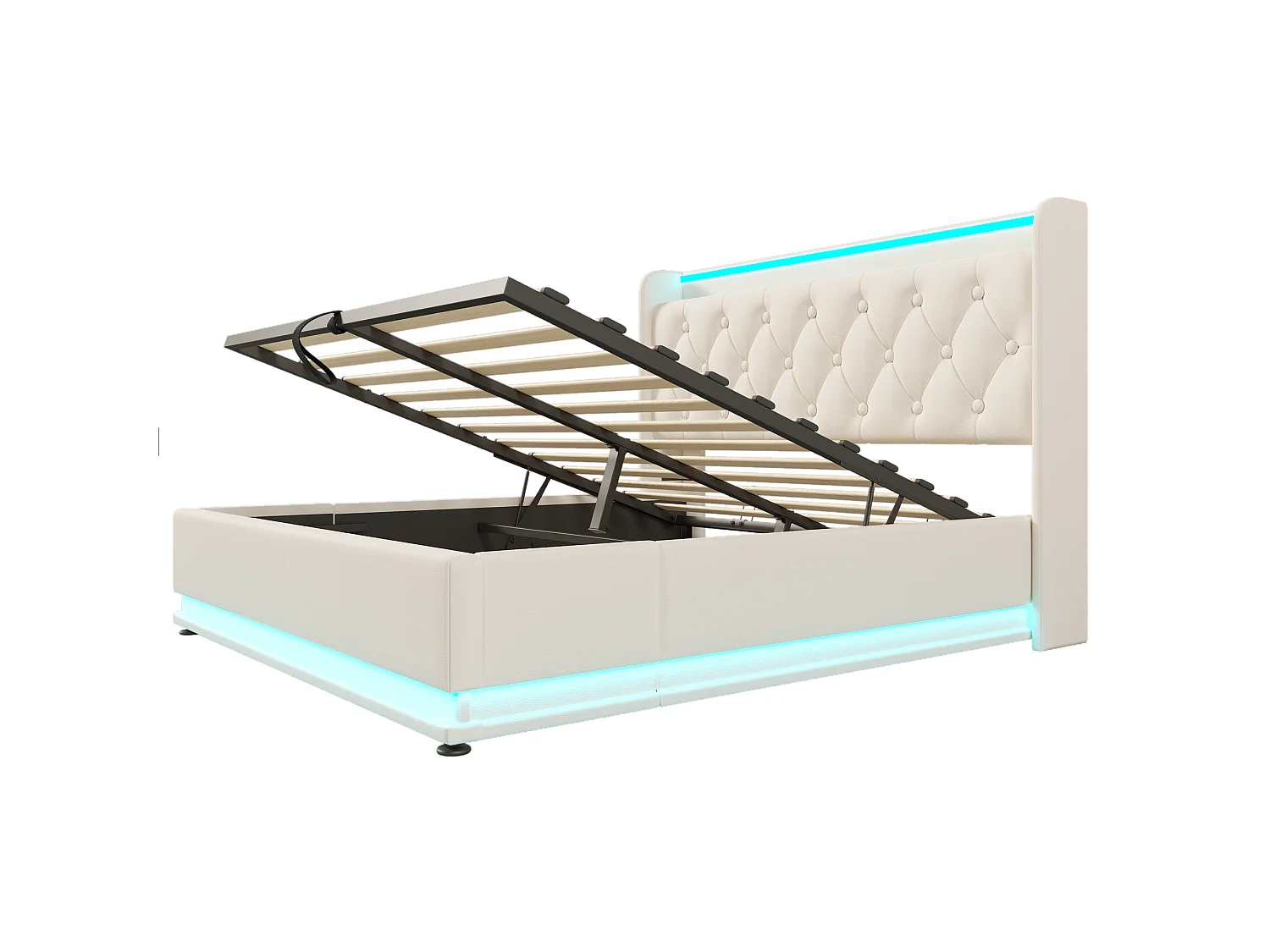 Lit coffre 140x200 cm avec tête de lit avec rangement, USB / Type-C, éclairage LED, sommier à lattes - PU blanc - matelas inclus