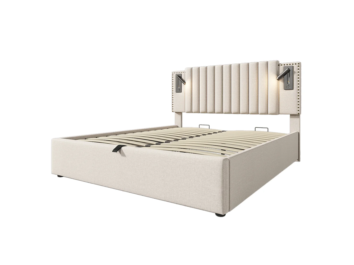 Lit coffre 160x200 cm avec tête de lit, USB, Type-C et lampe de lecture, sommier à lattes - beige - matelas inclus