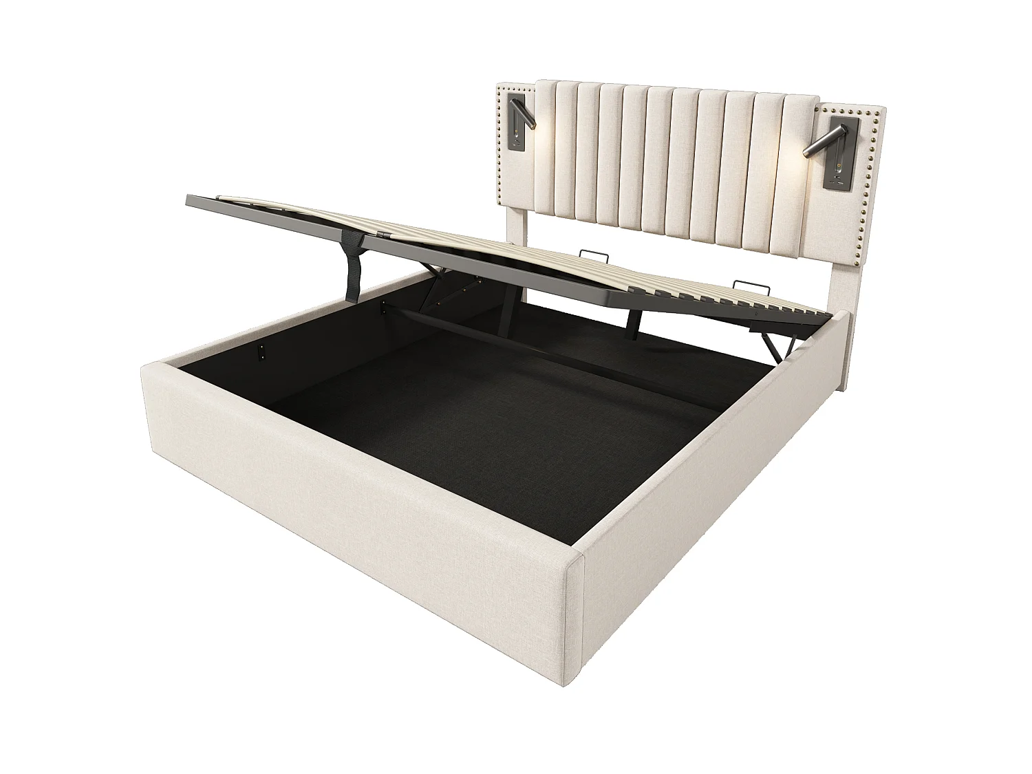Lit coffre 160x200 cm avec tête de lit, USB, Type-C et lampe de lecture, sommier à lattes - beige - matelas inclus