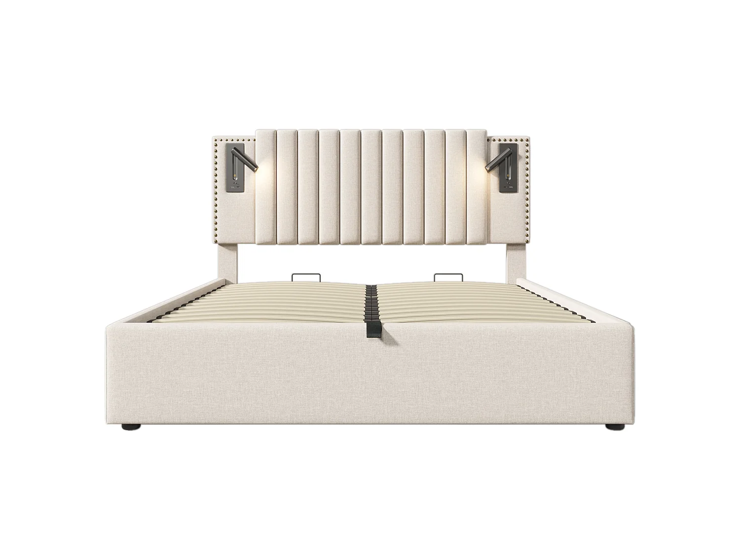 Lit coffre 160x200 cm avec tête de lit, USB, Type-C et lampe de lecture, sommier à lattes - beige - matelas inclus