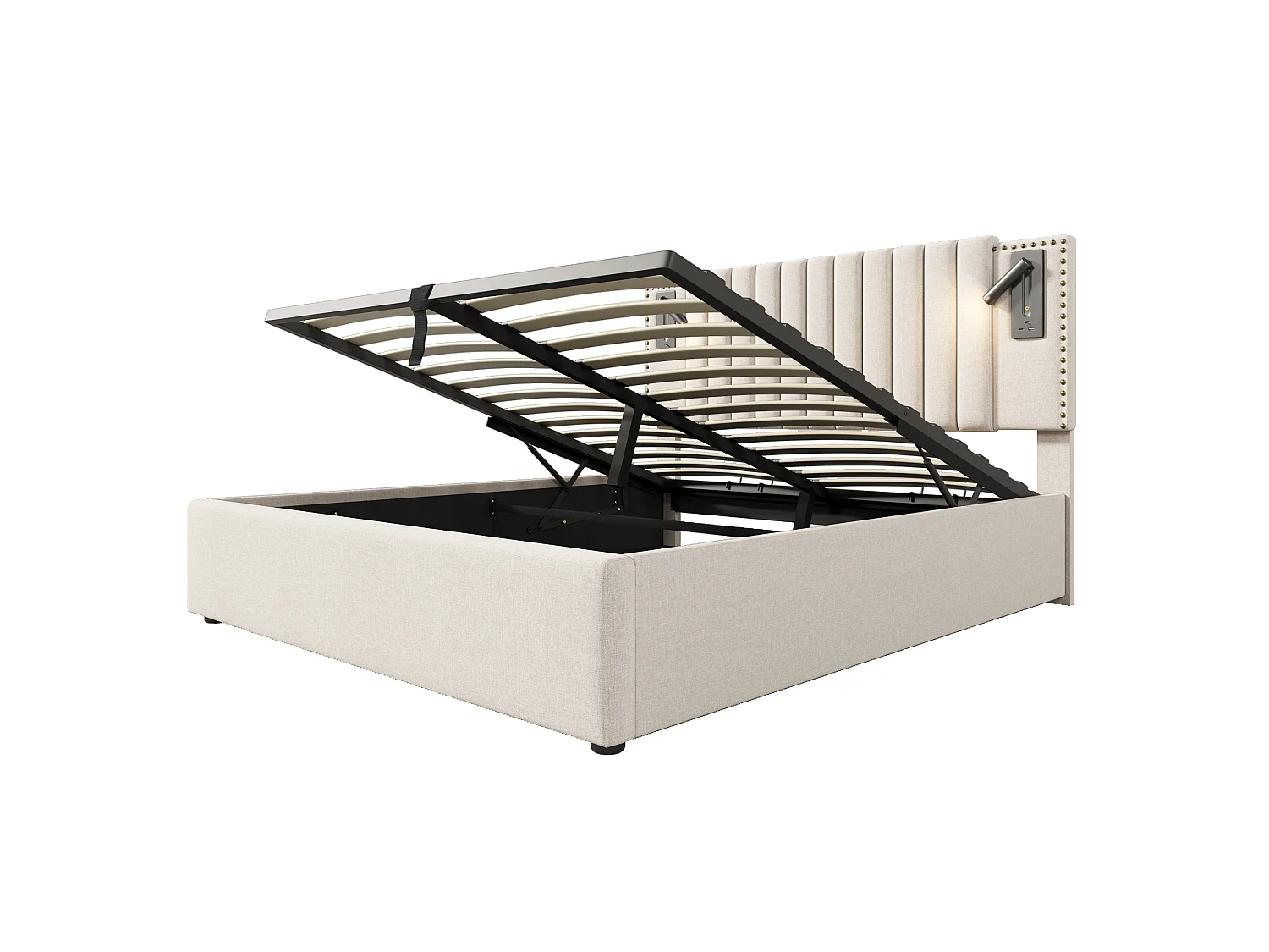 Lit coffre 160x200 cm avec tête de lit, USB, Type-C et lampe de lecture, sommier à lattes - beige - matelas inclus
