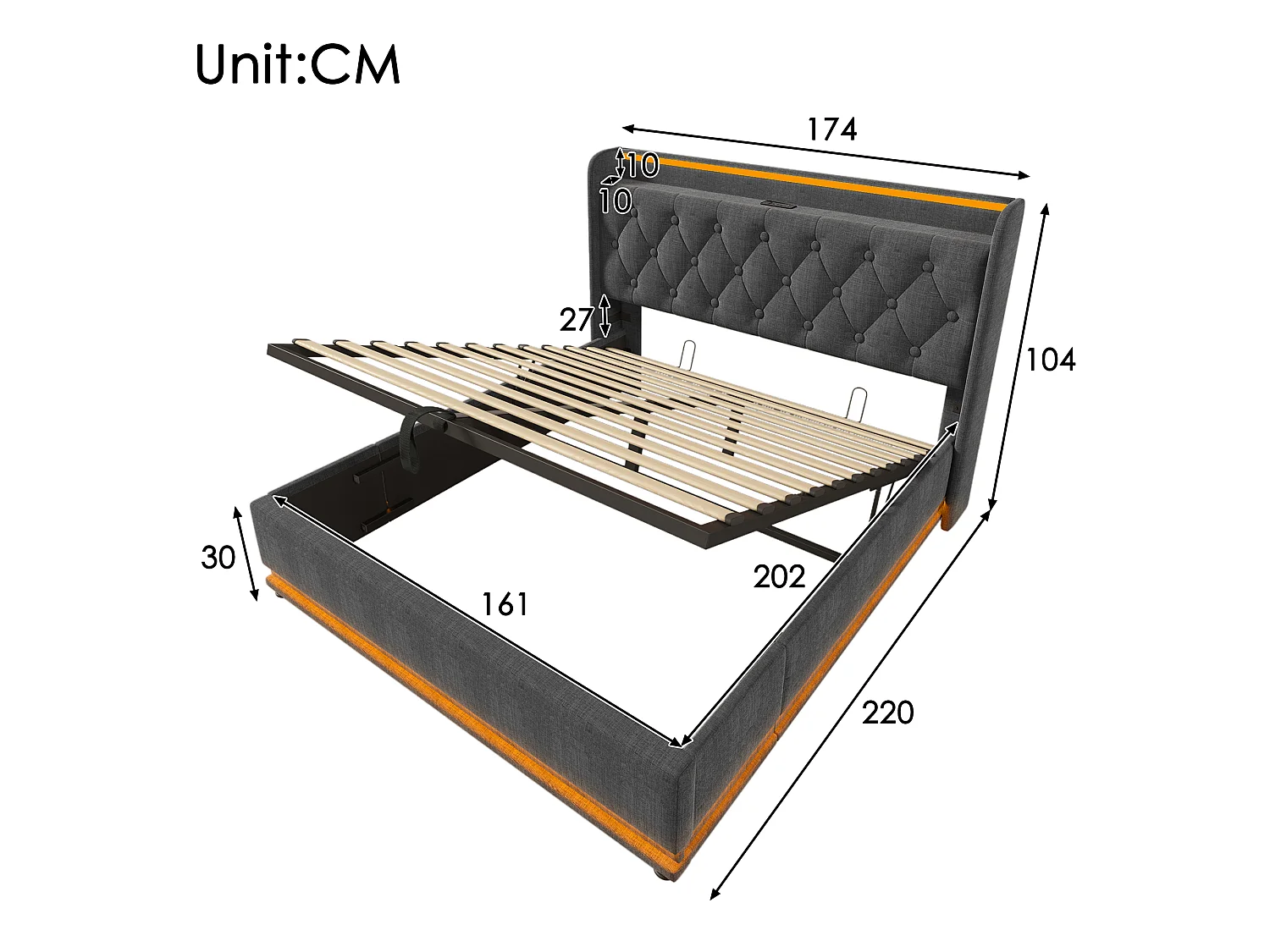 lit coffre 160x200 cm Lit adulte avec LED, USB / Type-C, sommier à lattes - en lin - gris - matelas inclus