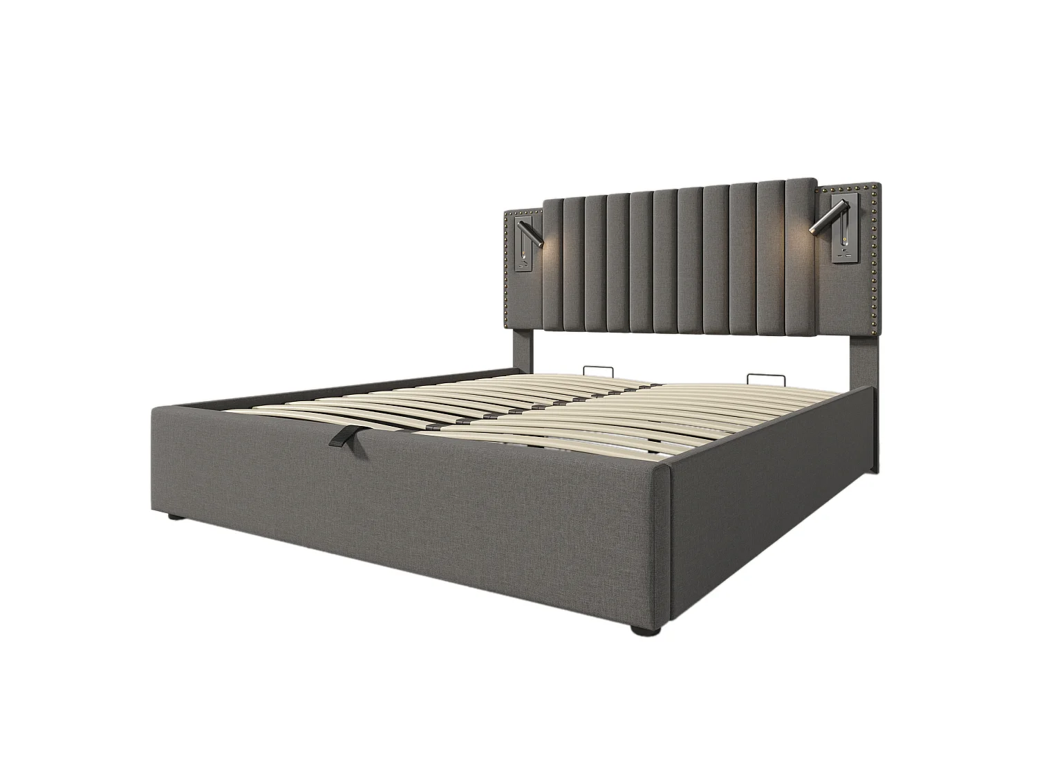 Lit coffre 160x200 cm avec tête de lit, USB / Type-C et lampe de lecture, sommier à lattes - gris - matelas inclus