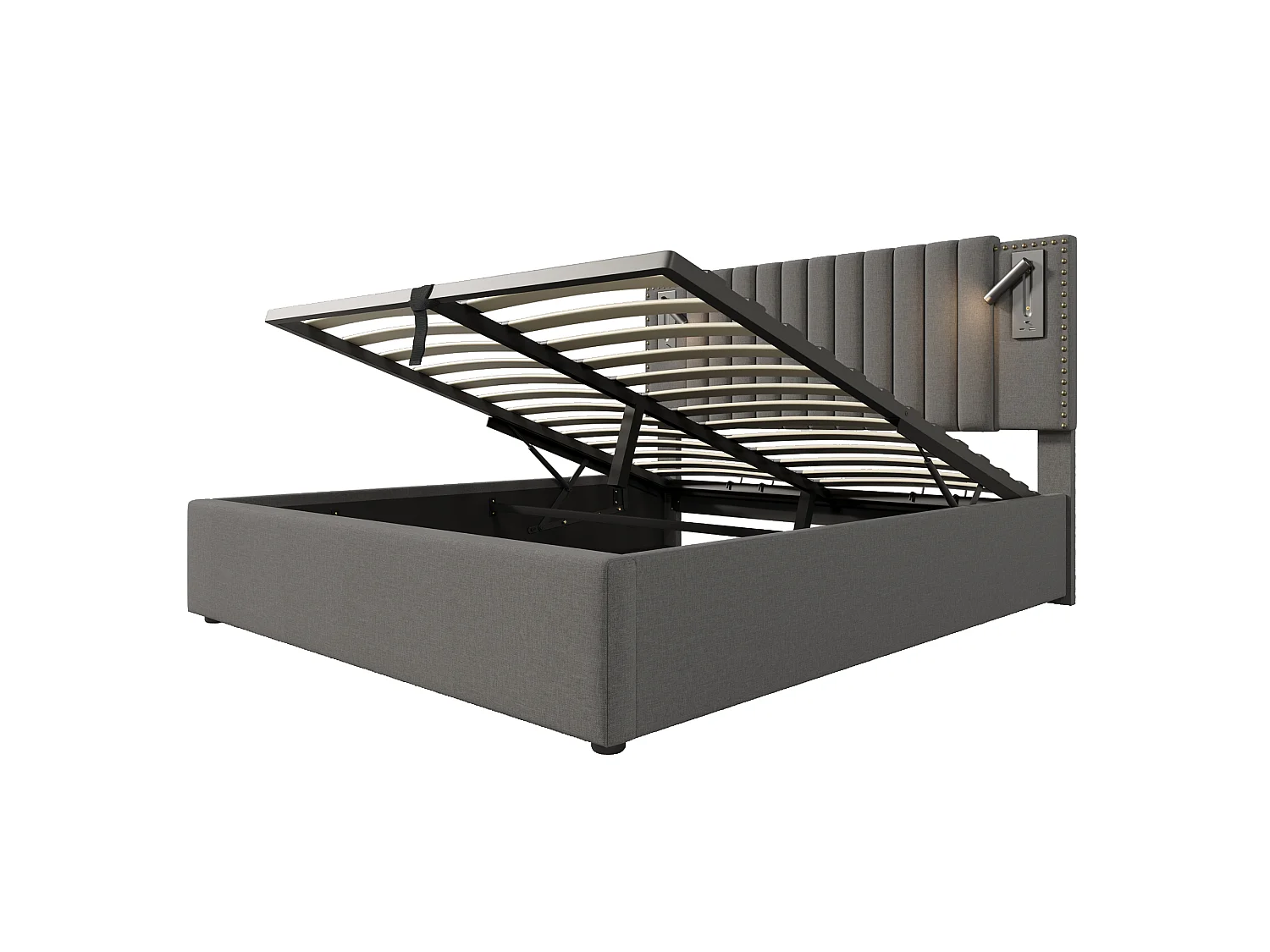 Lit coffre 160x200 cm avec tête de lit, USB / Type-C et lampe de lecture, sommier à lattes - gris - matelas inclus
