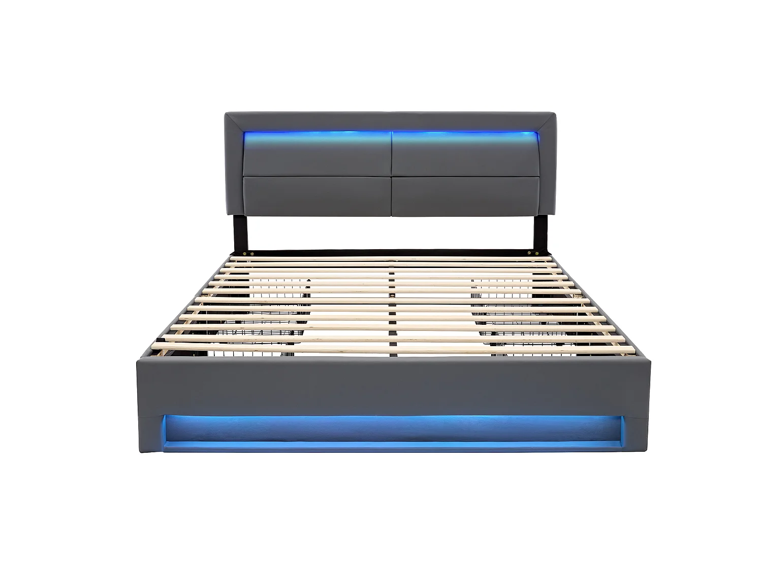 Lit adulte 140x190 cm avec ports USB, éclairage LED, 4 tiroirs - PU gris - sans matelas