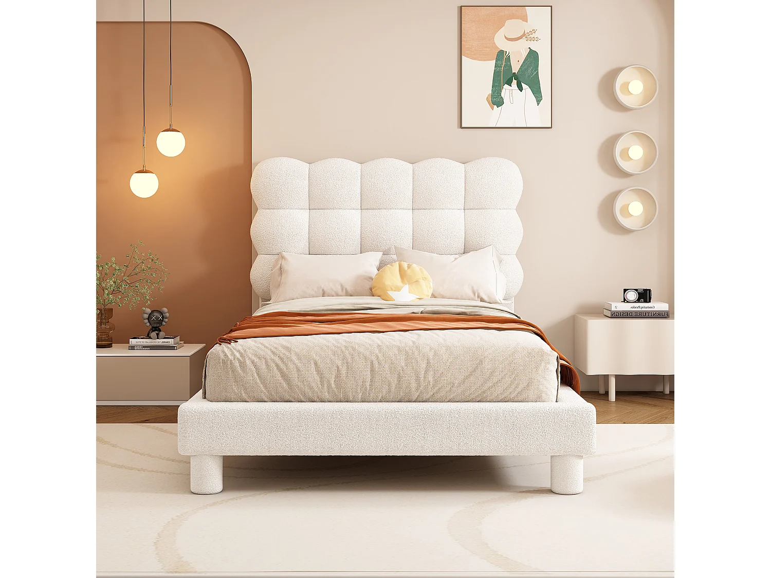Lit enfant 90x200 cm lit ado avec tête de lit réglable, sommier à lattes - Peluche blanc - sans matelas