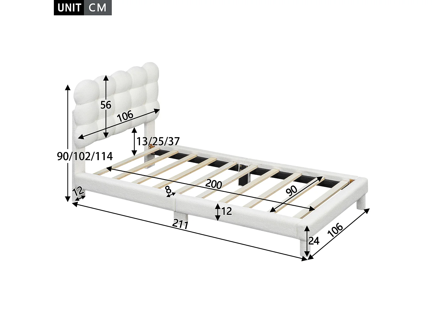 Lit enfant 90x200 cm lit ado avec tête de lit réglable, sommier à lattes - Peluche blanc - sans matelas