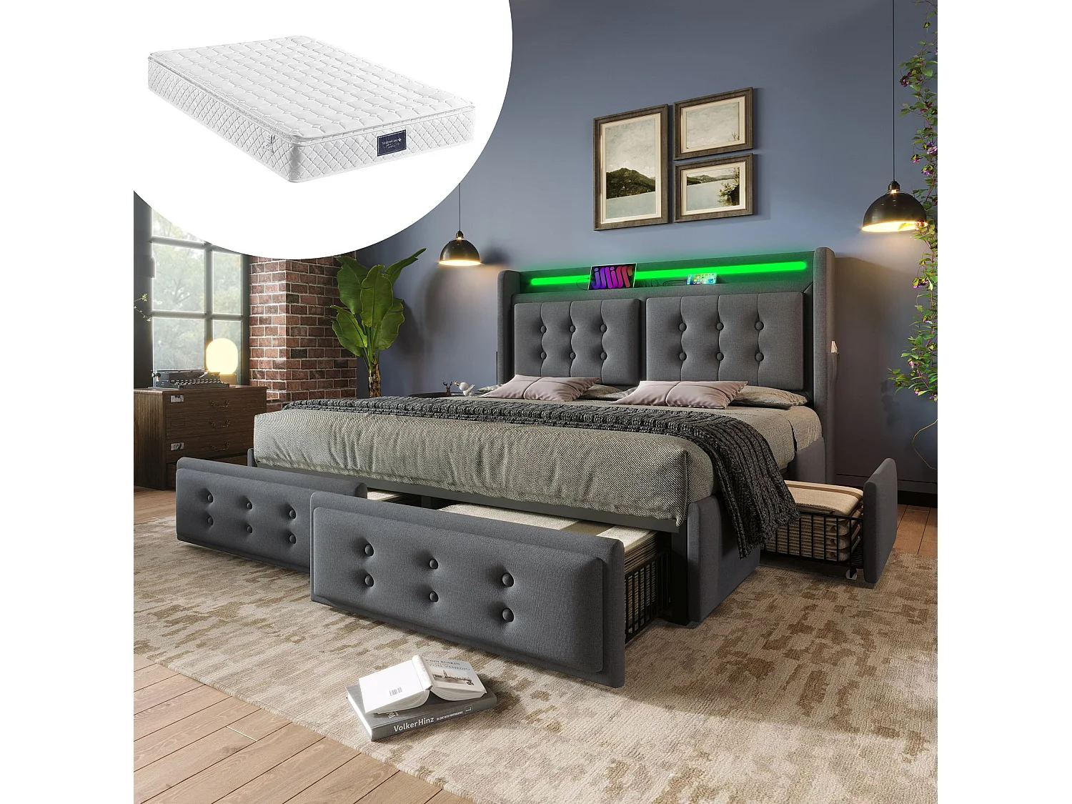 Lit adulte 140x200 cm avec tête de lit, 4 tiroirs, LED, USB et Type-C, sommier à lattes - coton et lin - gris - matelas inclus