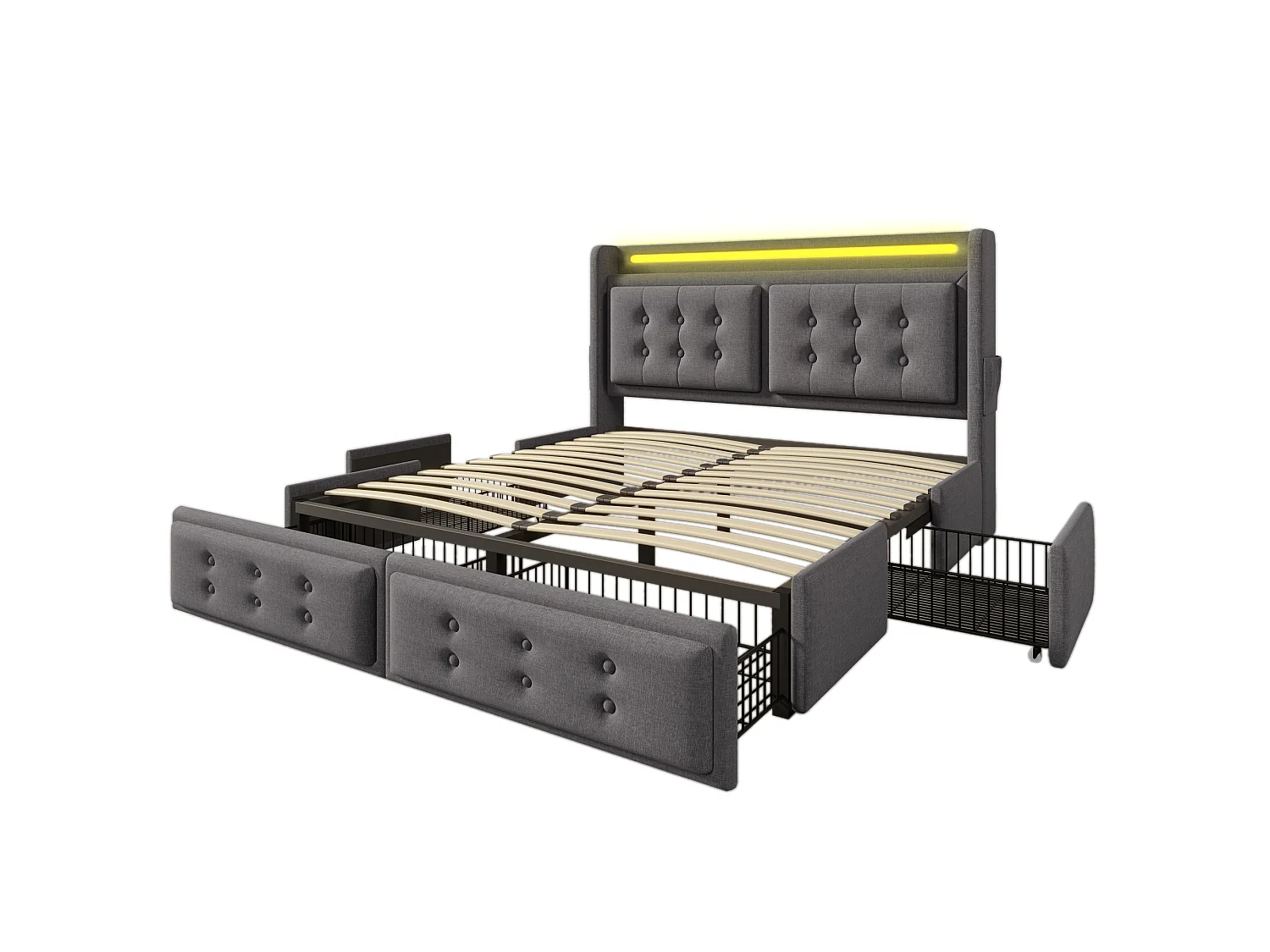 Lit adulte 140x200 cm avec tête de lit, 4 tiroirs, LED, USB et Type-C, sommier à lattes - coton et lin - gris - matelas inclus
